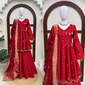 Ensemble Kurta de Soirée pour Femme en Soie Satinée Tissée, avec Dentelle Fantaisie à Motifs Monnayeurs, Réversible, Infroissable, Séchage Rapide, Coupe Ample Classique, Style Indien Pakistanais - Product Image 4