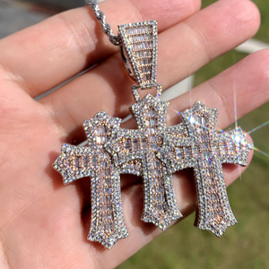 Triple <b>Cross</b> Pendant Necklace Moissanite Diamond Two Tone 925 Silver Iced Out Hip Hop <b>Chain</b> - Product Image 2