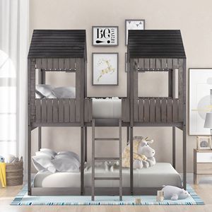 Letto a Castello in Legno Grigio Anticato per Bambini, Misura Full Over Full con Finestra sul Tetto, Ringhiera e Scala (LT000031AAE) - Product Image 3
