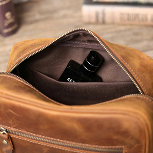 Vintage Leather <b>Toiletry</b> Bag Medium Size Zipper Closure Durable Travel Cosmetic Case for Men Shaving Kit <b>Storage</b> - Product Image 3