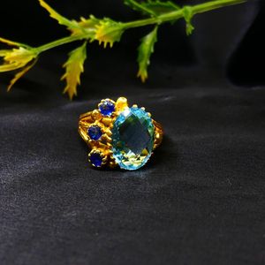 Anillo Clásico de Plata de Ley 925 Chapado en Oro con Topacio Azul y Cianita para Mujer, Joyería para Bodas - Product Image 6