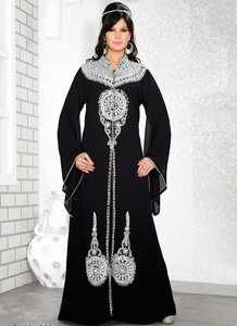 AWAIS HOUSE Women's Coral <b>Chiffon</b> Polyester Floor-Length A-Line Abaya Evening/Formal V-Neck Long Sleeve Beaded Natural - Product Image 5