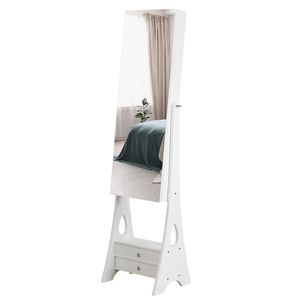 Armadio Portagioie Bianco a Specchio Completo con 2 Grandi Cassetti, Stile Pavimento in Legno, Organizzatore con Striscia Luminosa Naturale - Product Image 3