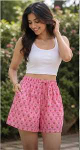High Quality Pink Floral <b>Women</b> Cotton <b>Shorts</b> Soft Elastic Drawstring Casual Beach Plus Size Lightweight Summer Loungewear - Product Image 4
