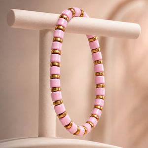 Wholesale Trendy Fashion Pink Zinc Beaded Metal Ball <b>Stretch</b> <b>Bracelet</b> with Gold Tone Spacers for Women Party Occasion - Product Image 3