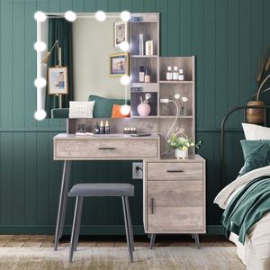 FCH 2-Drawer 1-Door 2-Shelf Grey Dressing <b>Table</b> Set <b>Mirror</b> Cabinet 3-Light Bulbs Triamine Veneer Iron Legs Makeup Vanities - Product Image 3