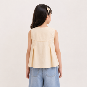 เสื้อเปปลัมแขนกุดสำหรับเด็กผู้หญิง แต่งโบว์ด้านหน้า สีพื้น เสื้อเชิ้ตลำลอง ผ้าฝ้ายป๊อปลิน - Product Image 3