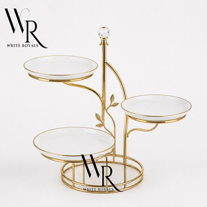Gold Finish Metal <b>Cake</b> <b>stand</b> Leaf Design <b>3</b> <b>Tier</b> Dessert Server <b>Stand</b> With Crystal Knob Use For Party Event & Buffet Server - Product Image 1