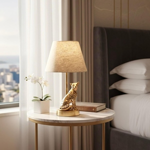 Elegant design gold <b>Leopard</b> Table <b>Lamp</b> Modern Luxury Cheetah Base Fabric Shade Creative Animal Bedside Light Bedroom Nightstand - Product Image 5