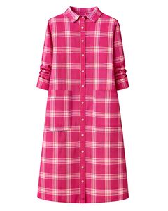 Vestido Camisero a Cuadros Rosa Personalizado para Mujer, Manga Larga, Cierre de Botones, Midi, Casual, Holgado, de Algodón Tejido, con Bolsillos Delanteros, para Uso Diario - Product Image 1