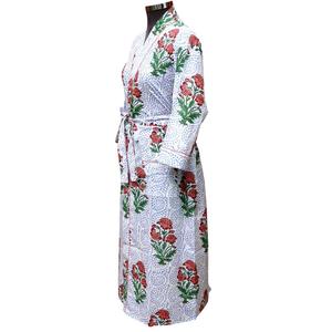 Bata de dormir tipo kimono de algodón transpirable de secado rápido con estampado floral digital textil, cuello en V y cierre de cinturón. - Product Image 2
