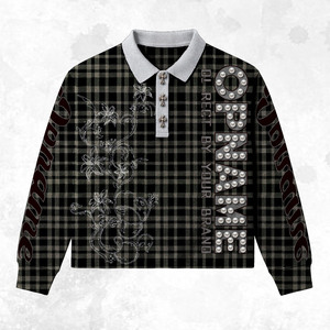 T-shirt de rugby en coton doux 260 GSM, à carreaux foncés, manches longues, broderie personnalisée, logo en perles, polos de rugby pour hommes - Product Image 1