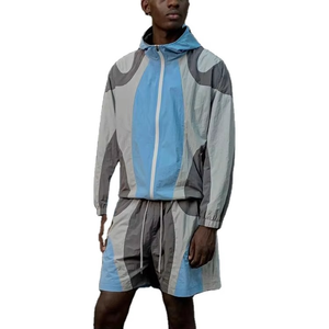 Nouvel ensemble court deux pièces pour homme, coupe-vent personnalisé à manches longues, en polyester, pour sports de plein air, course à pied, avec fermeture éclair, style streetwear à capuche - Product Image 1