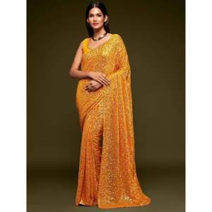 Sari de Fiesta Zeel Clothing, Color Amarillo Miel, con Lentejuelas, Georgette, Sin Costuras - Product Image 1