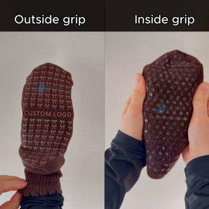 <b>Custom</b> Logo Double <b>Grip</b> <b>Socks</b> With Silicone <b>Grips</b> Inside And Outside Scalloped Cuff Knitted Brown color Crew <b>socks</b> for Women - Product Image 2