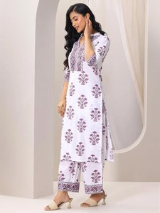 Casual cotton <b>blend</b> kurti with ethnic print mandarin collar three quarter sleeves paired with printed bottom and chiffon dupatta - Product Image 1