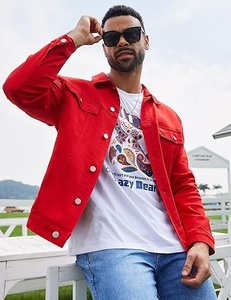 Men's Red Denim Jacket Solid Color Turn-down Collar Casual Style Single <b>Button</b> Front Regular Fit Spring Wear - Product Image 1