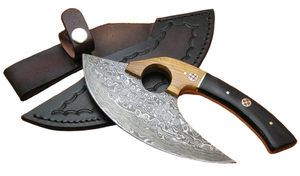 Couteau Ulu en acier Damas de qualité supérieure avec manche en bois bicolore, coupe-pizza et hachoir à viande faits à la main avec broches mosaïques et étui - Product Image 2