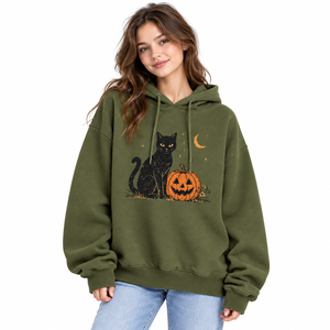 Sudadera con Capucha Verde Oliva para Mujer, Diseño de Gato Negro, Calabaza y Luna, Estilo Casual de Otoño - Product Image 1
