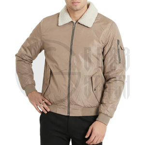 Chaqueta Bomber Beige para Hombre, Cuello de Piel Sintética, Cierre de Cremallera, Resistente al Viento, Ropa Exterior Informal de Invierno, Corte Regular, Exterior de Poliéster Grueso - Product Image 3