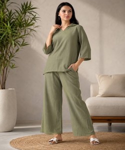 Conjunto de Lino para Mujer, Verde Oliva, Corte Holgado, Pantalones Palazzo Hasta el Tobillo, Estilo Casual de India y Pakistán, 85212 FVD- KitkatTop-Plazoo - Product Image 1