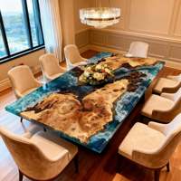 Table de salle à manger en résine époxy avec carte océanique, en bois de burl naturel à bord vif, mobilier d'art unique en bois et résine
