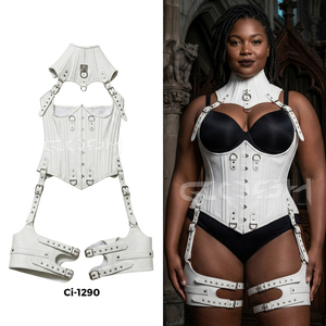 Underbust Steelboned <b>White</b> Leather <b>Corset</b> With Neck <b>Corset</b> And Thigh Harness - Product Image 5