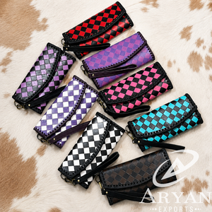 Factory Wholesale Women's Hand Tooled Cowhide Leather Fashion Clutch Trendy Diamond Checkered Leather Wallet <b>Purse</b> With Wristlet - Product Image 1