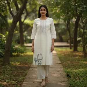 Cotton Embroidered Kurta With Three Quarter Sleeves Crew Neck Loose Fit Casual Daily Wear - Product Image 1