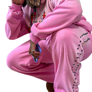 Ensemble de survêtement évasé personnalisé pour femme, sweat à capuche orné de strass et pantalon de survêtement à pattes d'éléphant, style streetwear délavé à l'acide - Product Image 2