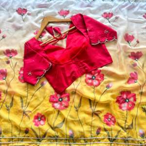 Sari de organza con bordados a mano por todas partes y blusa de seda para ocasiones festivas - Product Image 3