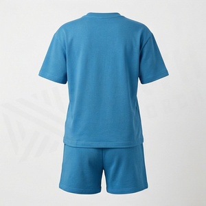 Ensemble décontracté 2 pièces pour femme en tricot bleu uni, t-shirt à manches courtes et short au-dessus du genou, coupe ample, respirant, pour le printemps et l'été - Product Image 2