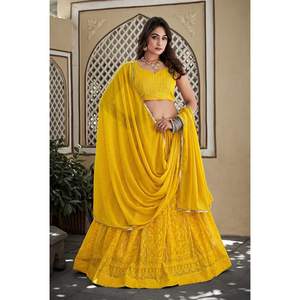 DESIGNER GEORGETTE FIL SEQUENCE BRODERIE TRAVAIL LEHENGA CHOLI AVEC DUPATTA JAUNE - Product Image 1