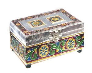 Handcrafted Rectangular Meenakari Metal Jewelry Box with Lock | Decorative <b>Storage</b> <b>Chest</b> Gift Box Organizer Case - Product Image 1
