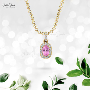 Handmade 14k <b>Solid</b> <b>Gold</b> Natural 7x5mm Oval Cut Pink Sapphire & Diamond Halo <b>Pendant</b> Wholesale Wedding <b>Pendant</b> Jewelry Supplier - Product Image 6
