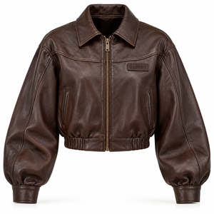 Blouson aviateur en cuir véritable marron avec col plié, manches ballon, ourlet élastiqué, coupe courte, fabrication sur mesure - Product Image 1