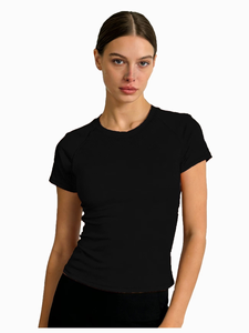 Women's Black Slim Fit Crew Neck T-Shirt Custom Logo Printed Casual Short Sleeve Woven Solid Design Premium Summer - Product Image 4