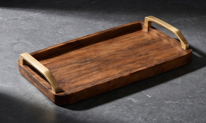 Plateau de service rectangulaire en bois de manguier finition noyer, robuste, avec bord surélevé et quincaillerie en laiton - Product Image 5