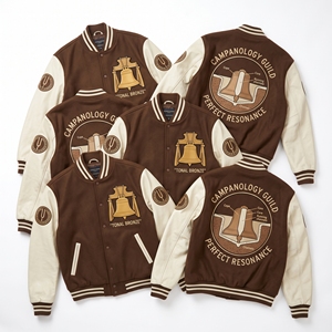 Chaqueta universitaria al por mayor, gris jaspeado, cuerpo de lana, mangas de cuero marrón óxido, abrigos Letterman de la Marca Hearth Engineers Air Forge Bellows - Product Image 4