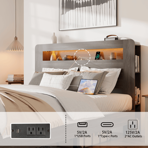 Letto Matrimoniale King Size con Struttura in Legno, Testiera Illuminata a LED e 2 Porte USB, Silenzioso, Senza Necessità di Rete a Doghe, con Vano Contenitore Integrato - Product Image 4