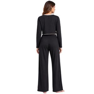 Manufacturer <b>Black</b> Women Long Sleeve Crop Lounge <b>Set</b> Soft Knit Button Front Cardigan Wide Leg <b>Pajama</b> Pants Sleepwear OEM Apparel - Product Image 2