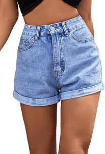 Shorts décontractés pour femme, taille haute, extensibles, motif uni, fermeture boutonnée, cinq poches, délavage clair, coton et élasthanne, coupe droite, été - Product Image 2