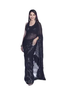 Nhà Thiết Kế Màu Đen PRE DRAPED SAREE Với BOLLYWOOD Thời Trang Thêu Làm Việc Phong Cách Áo MÙA CƯỚI Đảng Mặc Bán Buôn