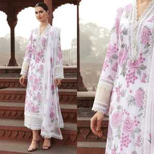 Salwar Kameez de Algodón con Estampado Floral Blanco para Mujer, Estilo Largo y Holgado, Ropa Tradicional Étnica de India y Pakistán, Estilo de Boda - Product Image 3