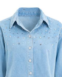 Veste en jean courte bleu clair personnalisée pour femme avec boutons ornés de strass, manches longues, style décontracté et tendance - Product Image 3