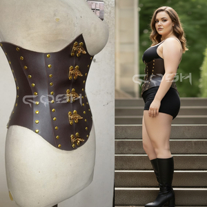 Corsé de cuero genuino marrón oscuro estilo Steampunk con cierre de gancho dorado y detalles de tachuelas - Product Image 4