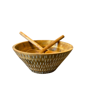 Ensemble de saladiers en bois de manguier écologique avec motif sculpté blanc cassé complexe et ustensiles assortis, parfait pour la décoration de la salle à manger à la maison - Product Image 3