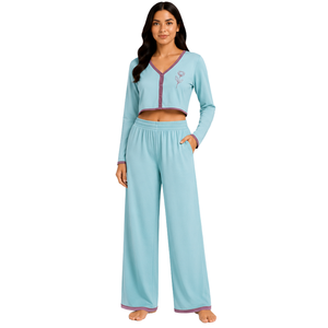 Manufacturer Sky Blue And Mauve Women Long Sleeve <b>Crop</b> <b>Pajama</b> Set Floral Embroidery Soft Cotton Knit Wide Leg Sleepwear OEM - Product Image 1