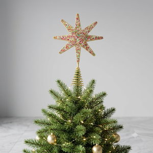 Décoration de sommet d'arbre de Noël en forme d'étoile à 8 branches multicolore perlée, avec base spirale en fil doré - Product Image 1