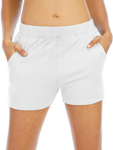 Shorts en tricot bleu clair pour femmes, taille haute, avec poches, respirants, taille élastique, shorts de sport décontractés - Product Image 5